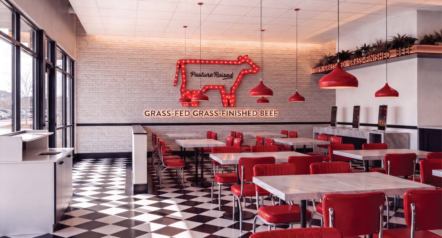 Steak ’n Shake dining room with red seating, a neon pasture-raised beef sign, and black-and-white tile flooring