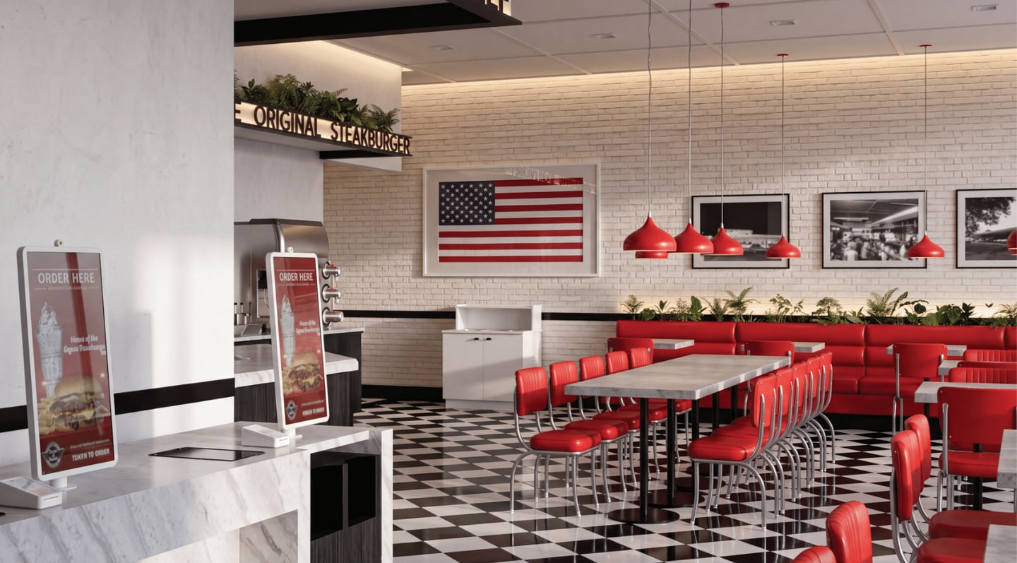Steak ’n Shake restaurant interior with self-service ordering kiosks, red seating, and an American flag