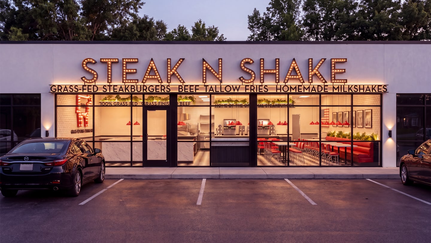 Front view of a Steak ’n Shake in-line storefront with illuminated signage at dusk