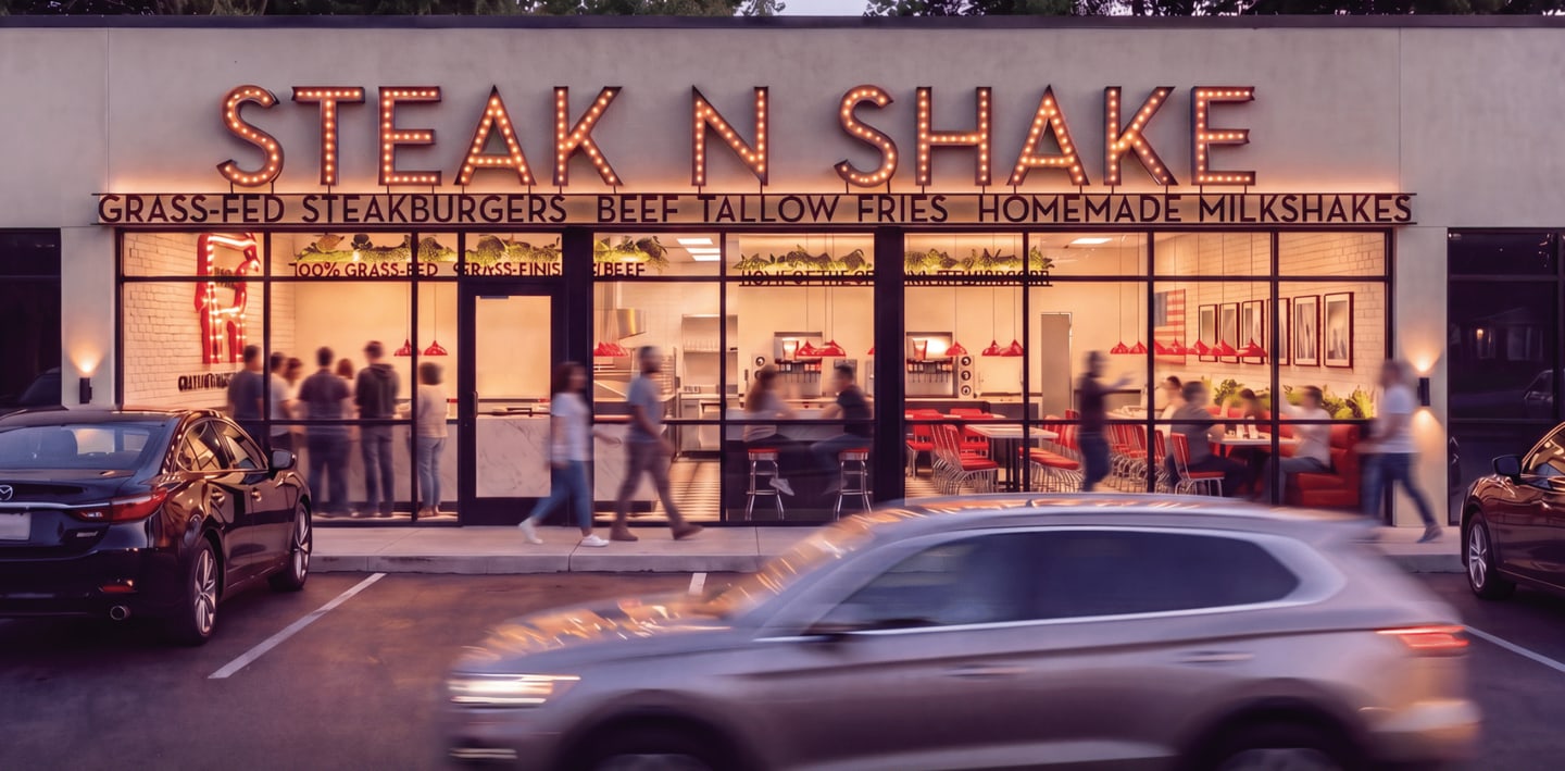Steak ’n Shake in-line storefront with illuminated signage and evening traffic